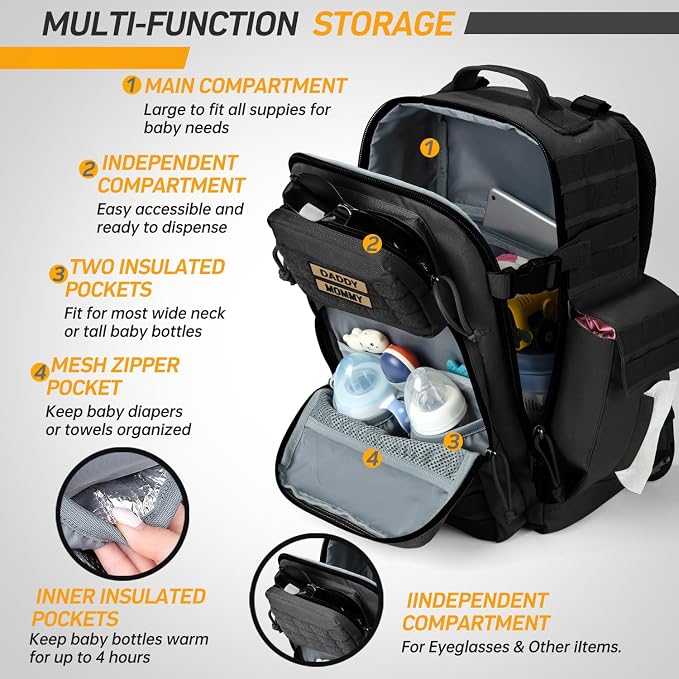 SHARKMOUTH Dad Diaper Bag for Men - Military Baby Backpack with Patches for Hiking Travel Camping Trips - Baby Shower Gifts Black - Image 6