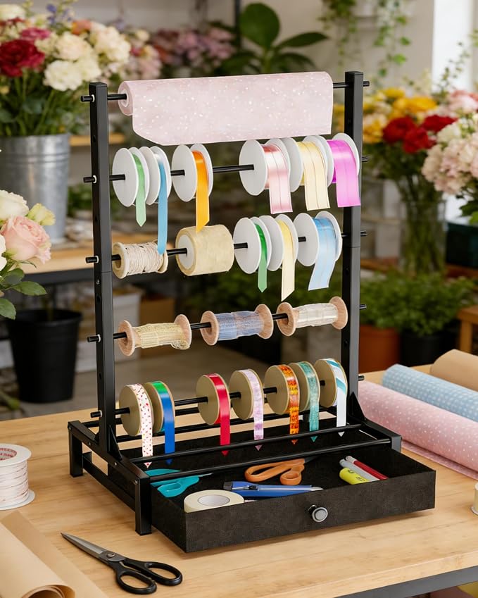 Ribbon Organizer with Fabric Drawer, Adjustable 5-Tier Ribbon Holder Rack | Stores Gift Wrap Ribbons, Craft Supplies, and Wrapping Tools with a Stable Metal Design for Easy Organization - Image 6
