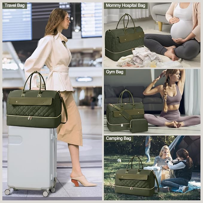 Travel Duffel Bag, Large Weekender Bag for Women with Shoe Compartment, Carry on Overnight with Toiletry Makeup Bag for Travel Gym Camping Hospital, Green - Image 7