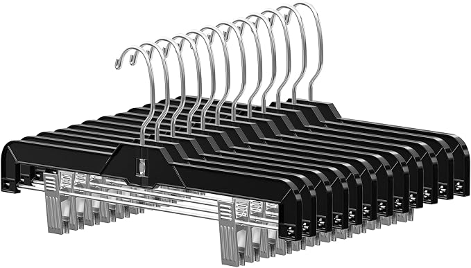 14" Black Pants Hangers with Clips 12 Pack, Plastic Skirts Hangers | Slim Space Saving, Adjustable Clips Hangers with 360° Swivel Hook & Non-Slip Pad for Adults and Kids, Pants, Shirt, Jeans by UEAKPIC