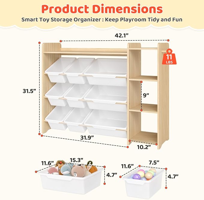 DOREROOM Toy Storage Organizer with Bookshelf, Kids Toy Storage and Organizers with 3 Shelves/9 Bins/3 Hooks, Bin Shelf, Toy Organization for Playroom, Nursery, Bedroom, Toddler Room | Wood & White - Image 2