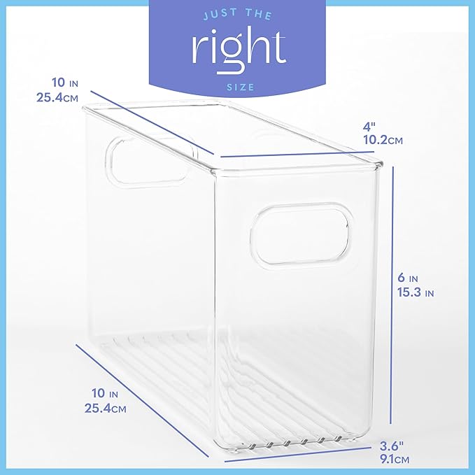 Plastic Food Storage 4 Pack Clear Container Bin with Handles for Organizing Kitchen, Pantry, Refrigerator, Freezer, Pantry, Cabinet, Closet, Bathroom. 10”x4”x6” - Image 3