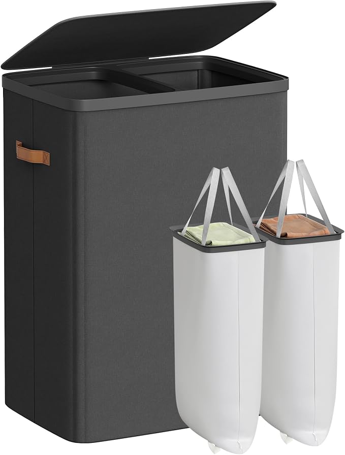 SONGMICS Laundry Basket, 44.9 Gal. Laundry Hamper, 2 Compartments, Easy Assembly, with Lid and Handles, Removable Liners, 22 x 15.7 x 29.5 Inches, Ink Black ULCB813B01 by Unknown