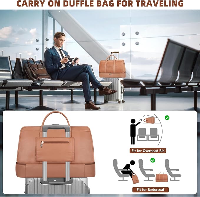 Travel Duffle Bag for Men Women, PU Leather Duffel Bag for Traveling, Large Carry on Weekender Overnight Bag with Shoe Compartment, Perfect for Travel/Daily Use - Image 4