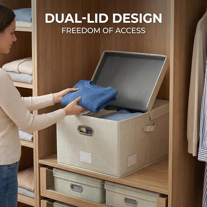 Storage Bins with Lids [3-Pack] Linen Fabric Foldable Storage Boxes Organizer Containers Baskets Cube with Cover for Bedroom Closet Office Beige (23.4X15.9X11.4) - Image 4