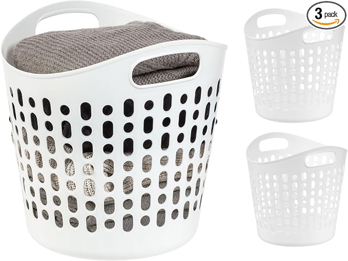 IRIS USA Plastic Laundry Hamper, 27L- 3 PK, Flexible, Ventilation, White | Laundry Baskets for Bedroom Bathroom Apartment Dorm, Blankets Pillows Trinkets Storage by IRISUSA