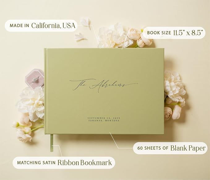 Personalized Guestbook in Sage - Premium Custom Modern Guest Book for Wedding Reception, Birthday Party or Events w/Bookmark Blank Pages for Signing 11.5 x 8.5 inches - Image 3