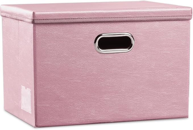 Large Collapsible Storage Box with Lid [1-Pack] Leather Fabric Foldable Storage Bin Organizer Container Basket Cube with Cover for Home Bedroom Closet Office Nursery Pink (17.7x11.8x11.8) by Prandom