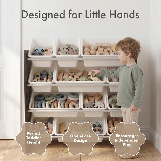 Humble Crew Kids Toy Organizer with 12 Bins, 4 Tier Storage for Playroom | Sturdy wood and steel toddler shelf, removable BPA-free containers, wall anchor anti-tip safety kit for bedroom or classroom - Image 3