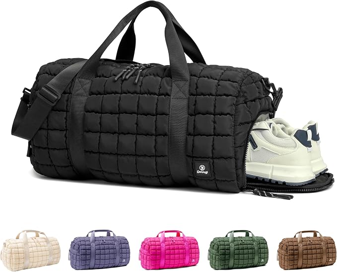 Quilted Gym Bag for Women,Duffle Bag for Travel with Wet Pocket,Carry on Weekender Bags for Women,Travel Bag with Shoe Compartment(Black) by DOYOGI