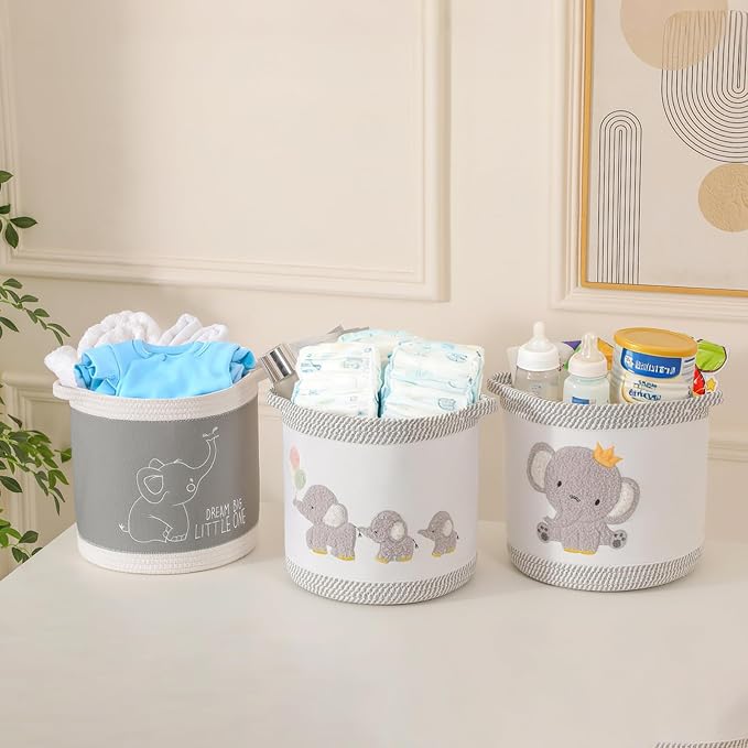 3-Piece Woven Baby Toy Blanket Storage Baskets Laundry Hampers, Elephant Design Foldable Nursery Organizer for Toys Clothes Stuffed Animals, Roomy Sturdy Hamper for Baby Gift Nursery Decor Basket - Image 4