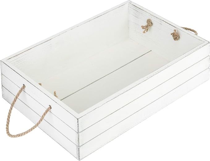 MyGift Vintage White Wood Organizer Storage Crate Bin with Rope Handles | Open-top farmhouse bin keeps toiletries, magazines, pantry items, toys, and household essentials neatly stored and accessible by MyGiftHome