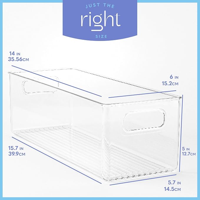 Plastic Food Storage 4 Pack Clear Container Bin with Handles for Organizing Kitchen, Pantry, Fridge, Freezer, Pantry, Bathroom. 14"x6"5" - Image 3