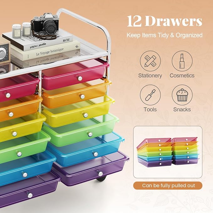 RELAX4LIFE 12-Drawer Rolling Storage Cart - Mobile Utility Cart on Wheels for School Classroom Teacher Office Salon, Paper File Art Supply Craft Organizer, Rolling Cart with Drawers (Rainbow) - Image 4