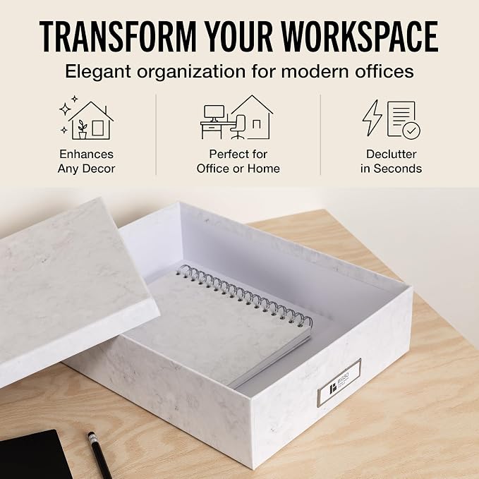 Bigso Oskar Fiberboard Label Frame Document Letter Box for Important Paperwork A4 or Letter Size - Durable Keepsake Box with Lid and Metal Label Holder - 3.3in x 10.2in x 13.8in - Marble - Image 2