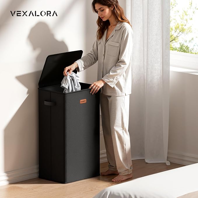 100L Laundry Hamper with Lid, Large Clothes Hampers with Removable Bag, Collapsible Laundry Basket for Bathroom, Bedroom, Laundry Room, Dorm, Black - Image 2