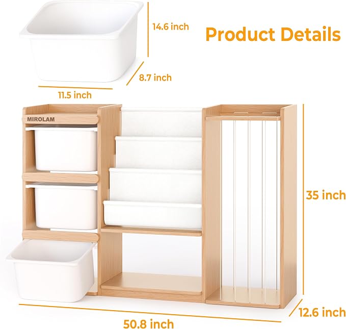 mirolam Toy Storage Organizer and Stuffed Animal Storage - Kids Room Toy Organization with 3 Bins Chest and 3 Tiers Montessori Book Shelf - Toddler Furniture for Playroom - Bedroom Nursery Decor - Image 2