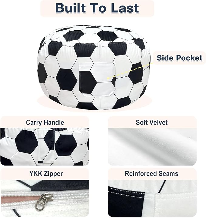Lukeight Soccer Stuffed Animal Storage Bean Bag Chair Cover for Adults, Velvet Plush Toy Organizer Seat, Cover Only, No Filling Included, Long YKK Zipper, Side Pocket, XXX-Large 42"D x 23"H - Image 6