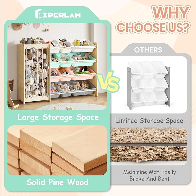 EXPERLAM Kids Toy Storage Organizer, 2-in-1 Stuffed Animal Storage & Toy Organizer w/12 Bins, Solid Wood Toy Rack Featuring Thicker Elastic Ropes to Hold Toys, Playroom Nursery Bedroom Storage, Multi - Image 5