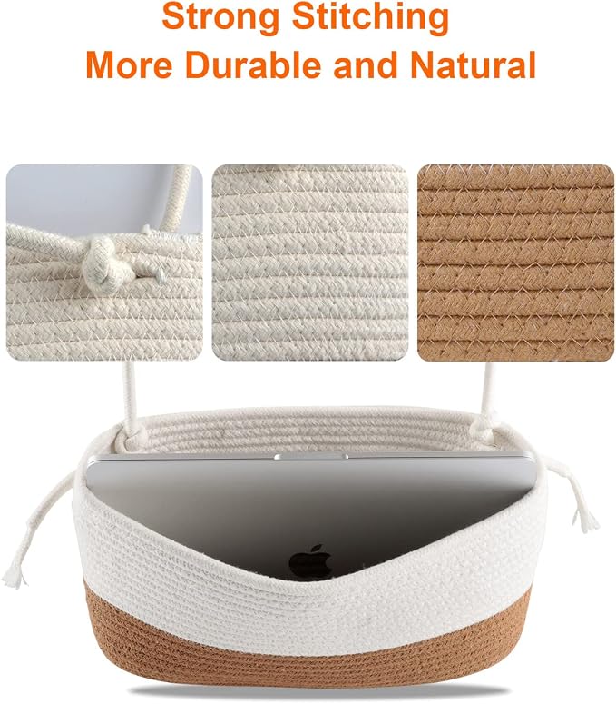 Over the Door Organizer, Honizer Wall Hanging Storage Basket, 3-Tier Cotton Rope Woven Hanging Baskets for Organizing, Nursery, Bedroom, Bathroom, Living Room- Jute&White (3 Hooks included) - Image 4