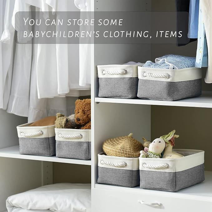 TcaFmac Small Storage Baskets for Shelf 6 Pack Canvas Storage Basket with Handles Fabric Storage Basket for Organizing Storage Bin (White and Grey, 12x8x5") - Image 4