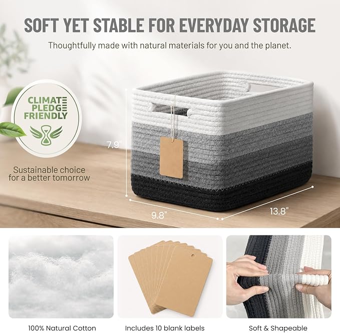 5 Pack Woven Storage Baskets, Decorative Storage Bins for Organizing | 13.8'' × 9.8'' × 7.9'', Cotton Rope Basket Organizer for Closet, Shelves, bathroom, Toys, Books, Pantry, Black/White Ombre - Image 3