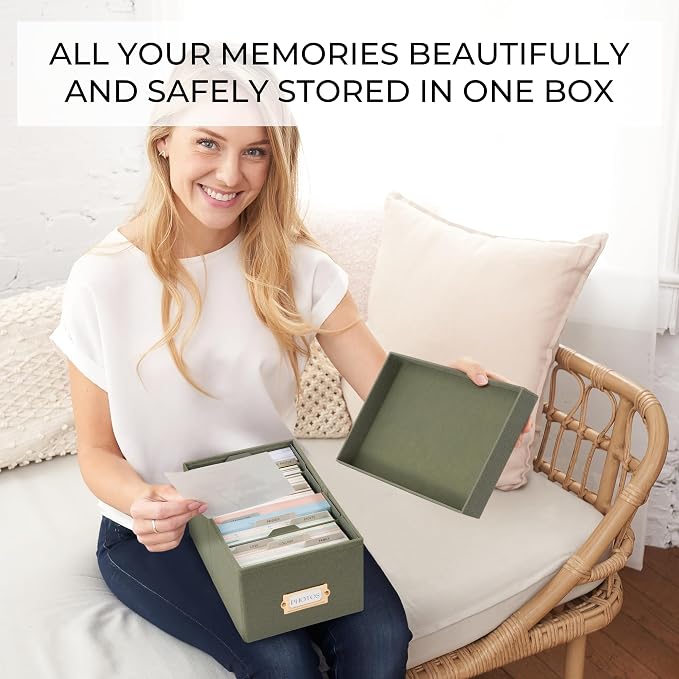 Decorative Photo Storage Box - Sturdy Linen Organizer Holds 850 4x6 Photos | Organizer with Dividers Stores Up to 850 Pictures - Portable Scrapbook Storage Containers with Lid - Image 3