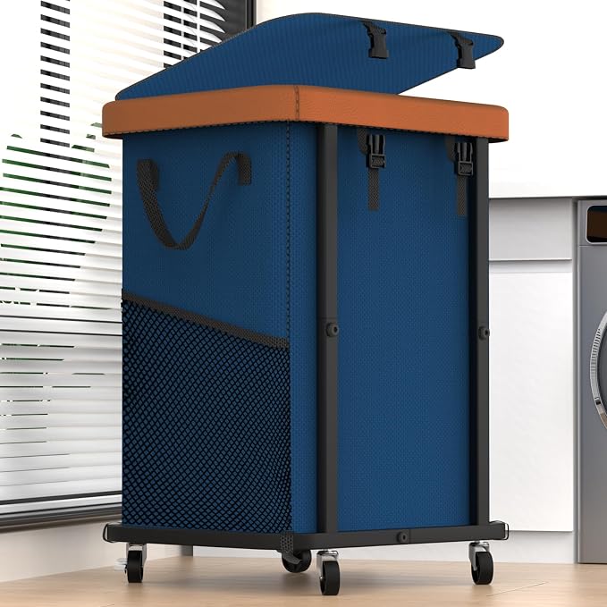Laundry Basket with Wheels,150L (40 Gal) Rolling Hamper Carts - Navy Blue | Leather Patchwork Laundry Hamper,Sturdy Metal Frame, Removable Washable Bag, Tall Clothes Sorter for Bedroom, Laundry Room by Unlockyourhomestoragelife