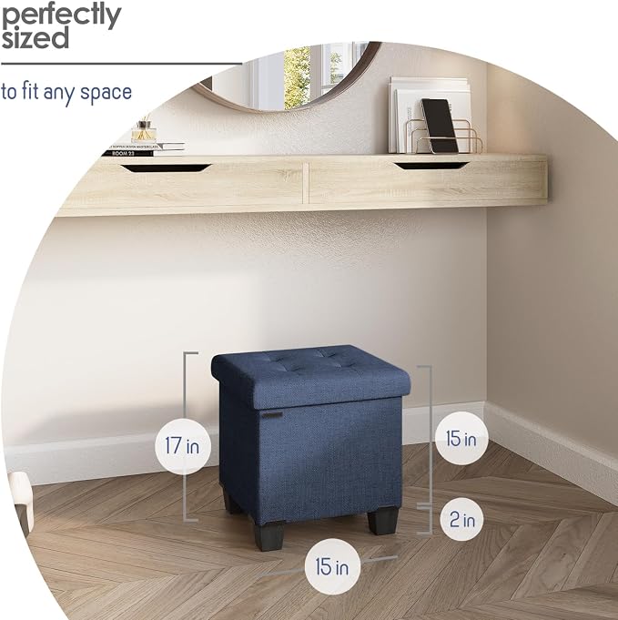 Storage Ottoman Cube with Small Bin, 15-in Square Ottoman with Storage for Living Room and Bedroom, Small Ottomans Foot Rest, Fabric Foot Stools Ottomans Max 330lbs, Blue - Image 9