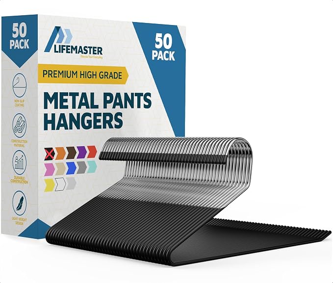 Lifemaster Metal Pants Hanger Set - 50 Pieces Elegant Non-Slip Closet Space Saving Hanger Set for Pants, Trouser, Blankets, and Jeans with Rubber Coating and Open Ended Sleek Design - Black by LIFEMASTER