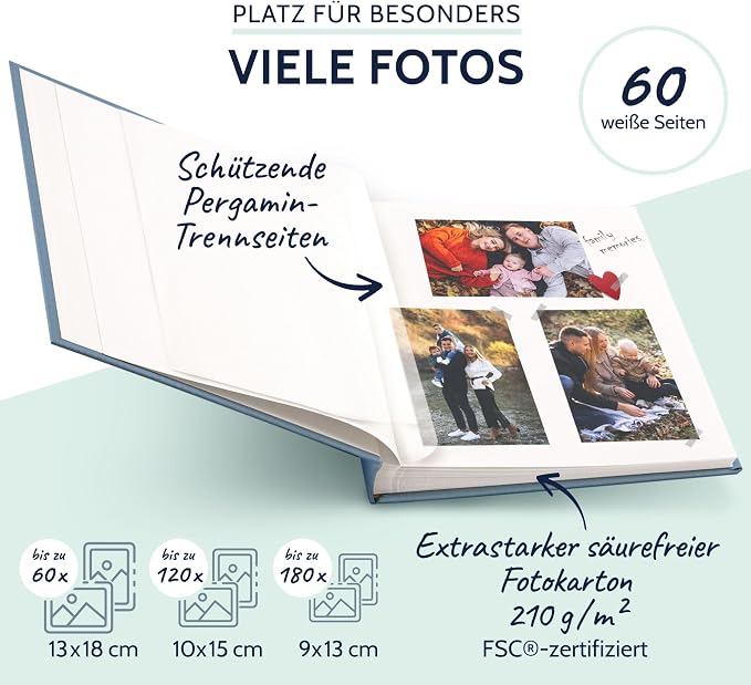 goldbuch Summertime Trend 2 24607 Photo Album with 60 White Pages with Pargamine Dividers, Memory Album with Linen Cover, Photo Album for Gluing, Blue/Grey, 25 x 25 x 4 cm - Image 4