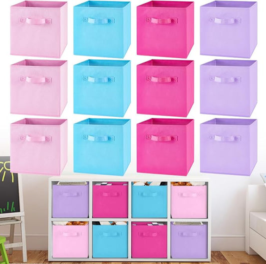 Yinder 12 Pcs Cube Storage Bin 10.5''x10.5''x11'' Storage Bins for Kids Classroom Decor Colorful Bins Foldable Baskets for Playroom Nursery Organizer Fabric Boxes (Sky Blue, Purple, Pink, Rose) by Yinder