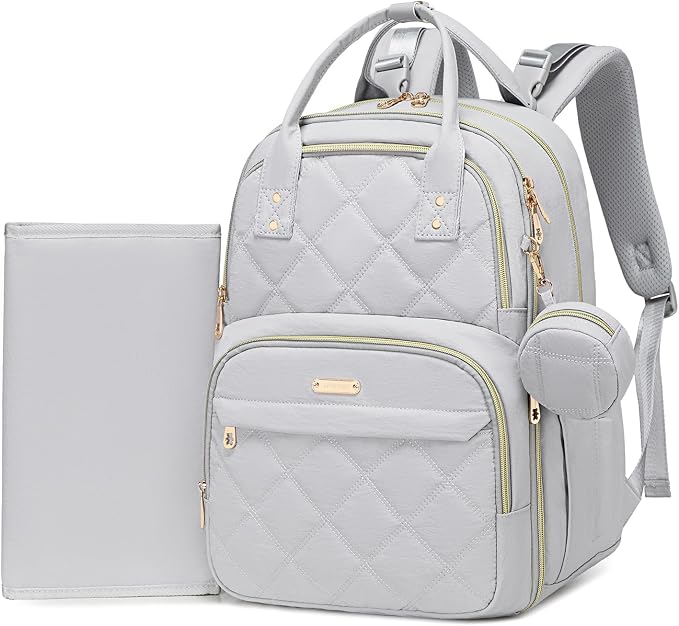 Large Diaper Bag Backpack with Changing Pad & Pacifier Case, Gray | Multi-functional lightweight waterproof maternity & toddler travel backpack. Insulated, wet/dry pocket & stroller straps by Unknown