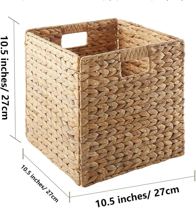 5Pack Woven Shelf Baskets, 10.5'' Water Hyacinth Handmade Open Storage Bins, Light Brown Pantry Baskets Organization Basket Foldable Storage Bins for Bedroom, Cubby Cubes Wicker Basket with Handles - Image 7
