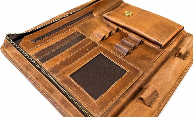 Leather Portfolio Organizer with Zipper for Men Women, Padfolio Business Resume A4/Pad, Folder Organizer, Legal Pad Holder with Card Slots, Zippered Padfolio for Business Documents (Brown) - Image 3