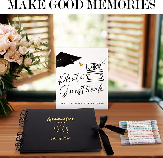 12 Pcs 2026 Graduation Guest Book with Photo Sign Decor 80 Pages Class of 2026 Scrapbook Photo Album with 10 DIY Dual Tip Metallic Markers Pens Gift, Exclude Camere(Graduation Cap,Black,10.4 Inches) - Image 7