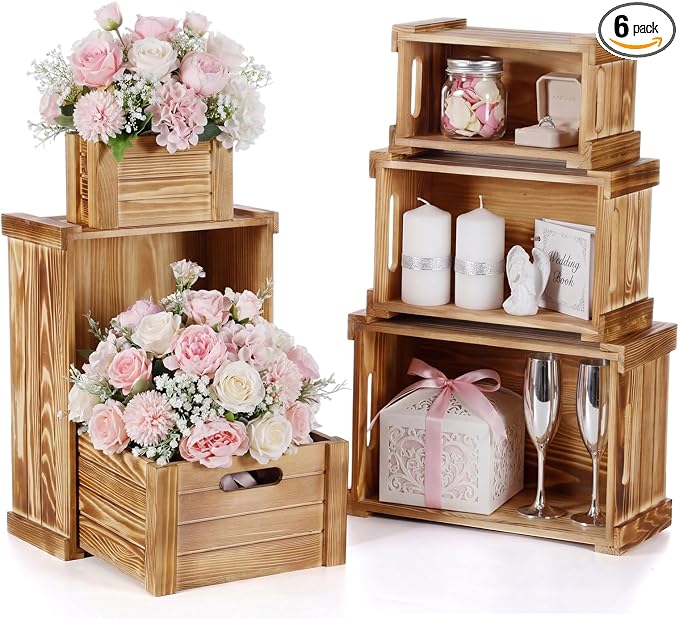 AceOrbit 6 Pcs Decorative Wood Crates for Storage Display 6 Size Rustic Nesting Crates with Handle Farmhouse Wooden Container Boxes for Wedding Bride Shower Party Market Farmers Decor(Wood Color) by Unknown