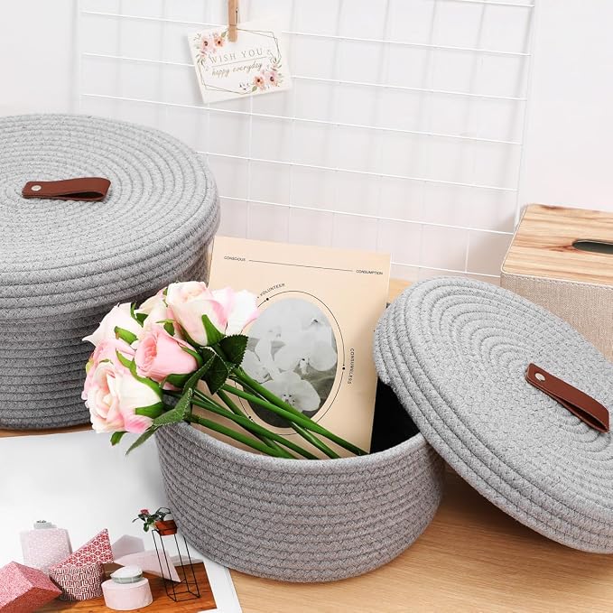 Cabilock Rope Storage Basket Set with Lid Woven Cotton Rope Organizer Baskets for Nursery Home Office and Laundry Includes Large 10.62In and Small Storage Bins for Shelf and Closet Organization - Image 6