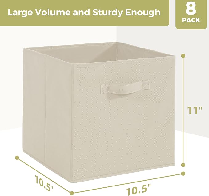 Storage Cubes, 11 Inch Cube Storage Bins, Set of 8, Fabric Foldable Storage Bins With Handles, Closet Storage Organizer bins, Cubby Clothing Storage Baskets for Shelves, Beige - Image 2
