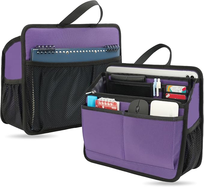 Small Rugged Organizer Insert for Briefcase Tote Shoulder Messenger Bag-19 Pockets,Padded Water-repellent Nylon-Purple by DELTAMANN