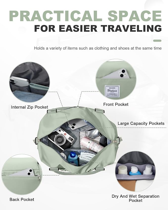 Travel Duffel Weekender Bag Women Tote Carry On Bags With Shoe Compartment | 18x14x8 inches Travel Overnight Bags with Trolley Sleeve for Airplanes Sport Tote Gym for Men Lightweight Daypack BeigeGreen - Image 3