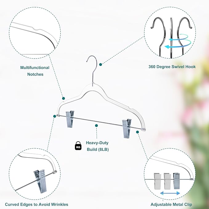 Quality Clear Kids Pants Hangers with Clips 100 Pack | Heavy Duty Skirt Hangers with Swivel Hook and Notches | Space Saving Kids Clip Hangers for Pants | 13.7 Inch (Clear, Silver Hook, 100 Pack) - Image 2