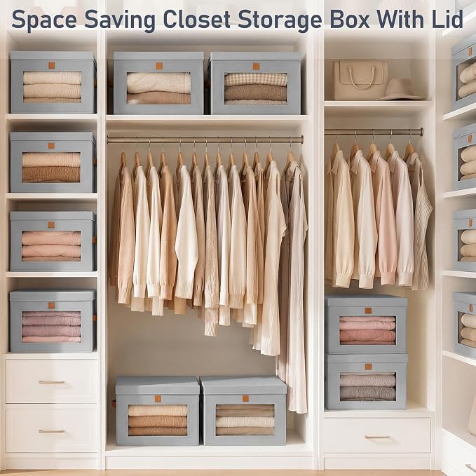DIMJ Storage Bins with Lids - 6 Pack Front Opening Stackable Fabric Storage Boxes with Clear Window & Handles, Collapsible Closet Organizers for Clothes, Sweaters, Shelf Storage, Bedroom, Gray - Image 7