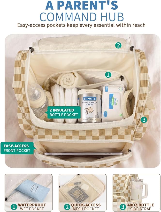Large Corduroy Diaper Bag Backpack for Mom, 25L Baby Travel Bag with Insulated Bottle Pockets, 40oz Side Strap & Stroller-Ready Straps - Image 3