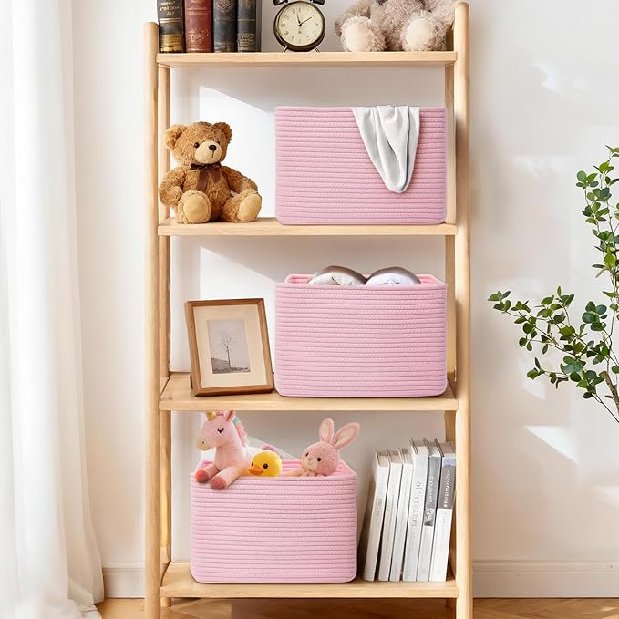 Storage Baskets for Organizing, 4 Pack Baskets for Shelves, Decorative Storage Bins for Shelves, Cotton Rope Storage Basket with Handles, Woven Basket for Storage, 13''Lx8.7''Wx7.9''H, Pink - Image 2