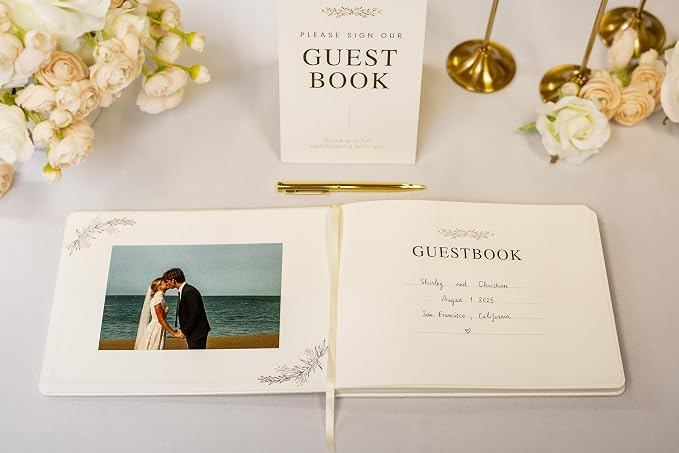 Floral Embossed Wedding Guest Book Set - 9 x 7.5 Hardcover Guestbook for Wedding Reception Sign in, Messages, Bridal Shower Engagement Party (White Cream) - Image 7