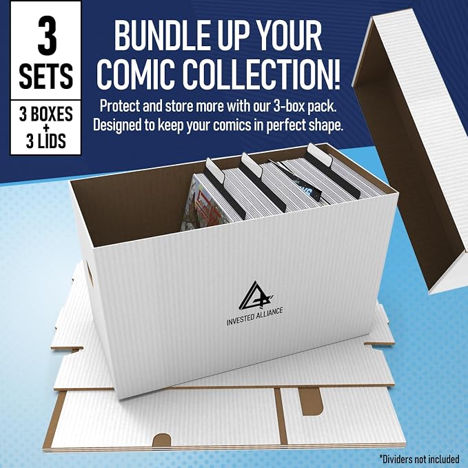 Premium Short Comic Book Storage Box Organizer with Lid | Thick Cardboard Comic Storage Box For Collectibles Fits 150-175 Current/Silver Age, Heavy Duty & Stackable. - Image 3