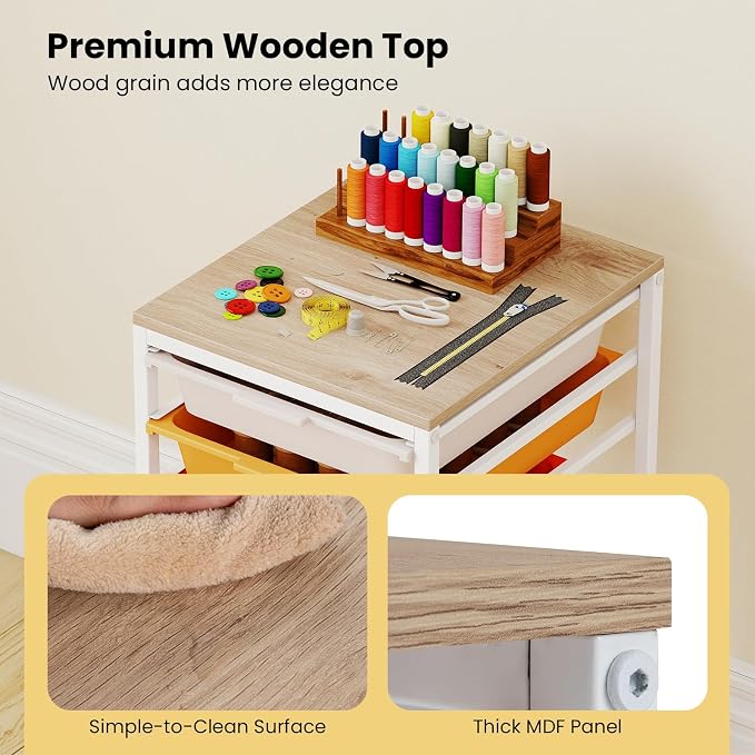 Rolling Storage Cart with 5 Drawers, Plastic Craft Organizer on Wheels with Wooden Top, Mobile Art Supply Utility Cart for Classroom, Home, Office - Image 5