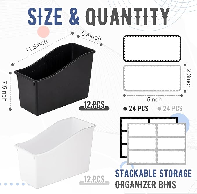 Geetery 24 Pcs Book Bin for Classroom with Labels Stackable Plastic Organizing Bins 11.5 x 5.4 x 7.5 in Book Holders Storage Bins Box Baskets for Classroom Library Home (Black,White) - Image 2