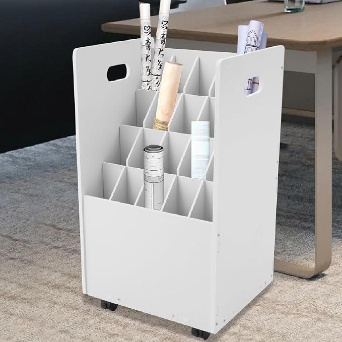 Mobile 20 Slots Blue Print Storage Organizer,Construction Plan Holder,White | Removable Dividers,Max.Total Load 110lbs,Blueprint,Map,Newspapers,Roll Files Storage with 4 Lockable Wheels for Office,School by Pinelicorn
